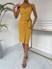 SHEIN VCAY Polka Dot Fake Button Split Hem Belted Cami Bodycon Dress - Mustard Yellow - View 3