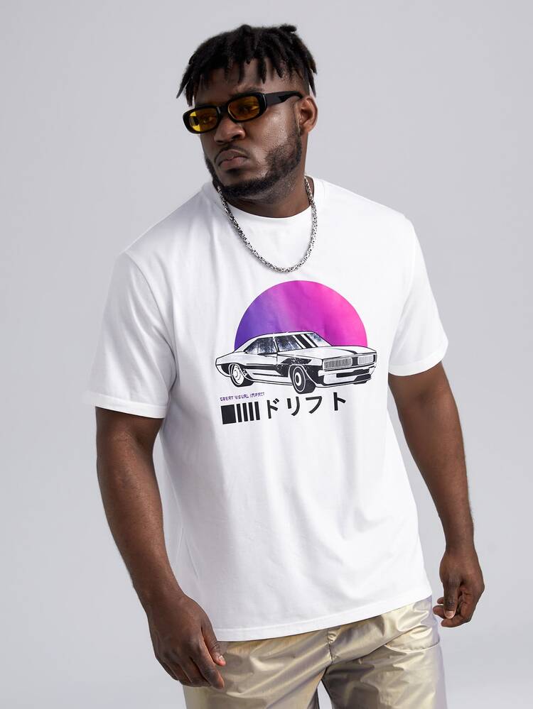 EASEVO 男士日文圖案和汽車印花T恤 - 白色 - 查看 1