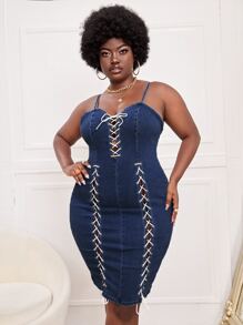 Vestido mezclilla de tirantes con cordón ajustado - Azul lavado oscuro - Ver 1