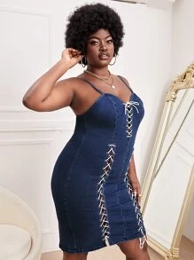 Vestido mezclilla de tirantes con cordón ajustado - Azul lavado oscuro - Ver 5