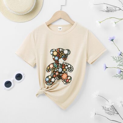 Girls Letter & Floral Print Tee