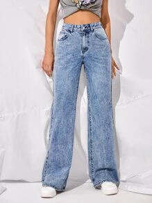 High-Waisted Slant Pocket Wide Leg Jeans - Light Wash - View 3