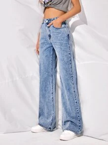 High-Waisted Slant Pocket Wide Leg Jeans - Light Wash - View 4