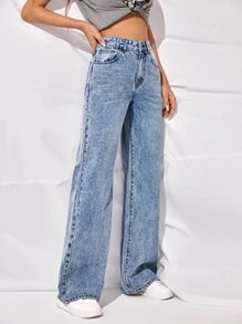 High-Waisted Slant Pocket Wide Leg Jeans - Light Wash - View 6