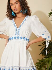 Đầm Nghề thêu Thắt nút Viên lá sen Bộ lạc Boho - trắng - Xem 6