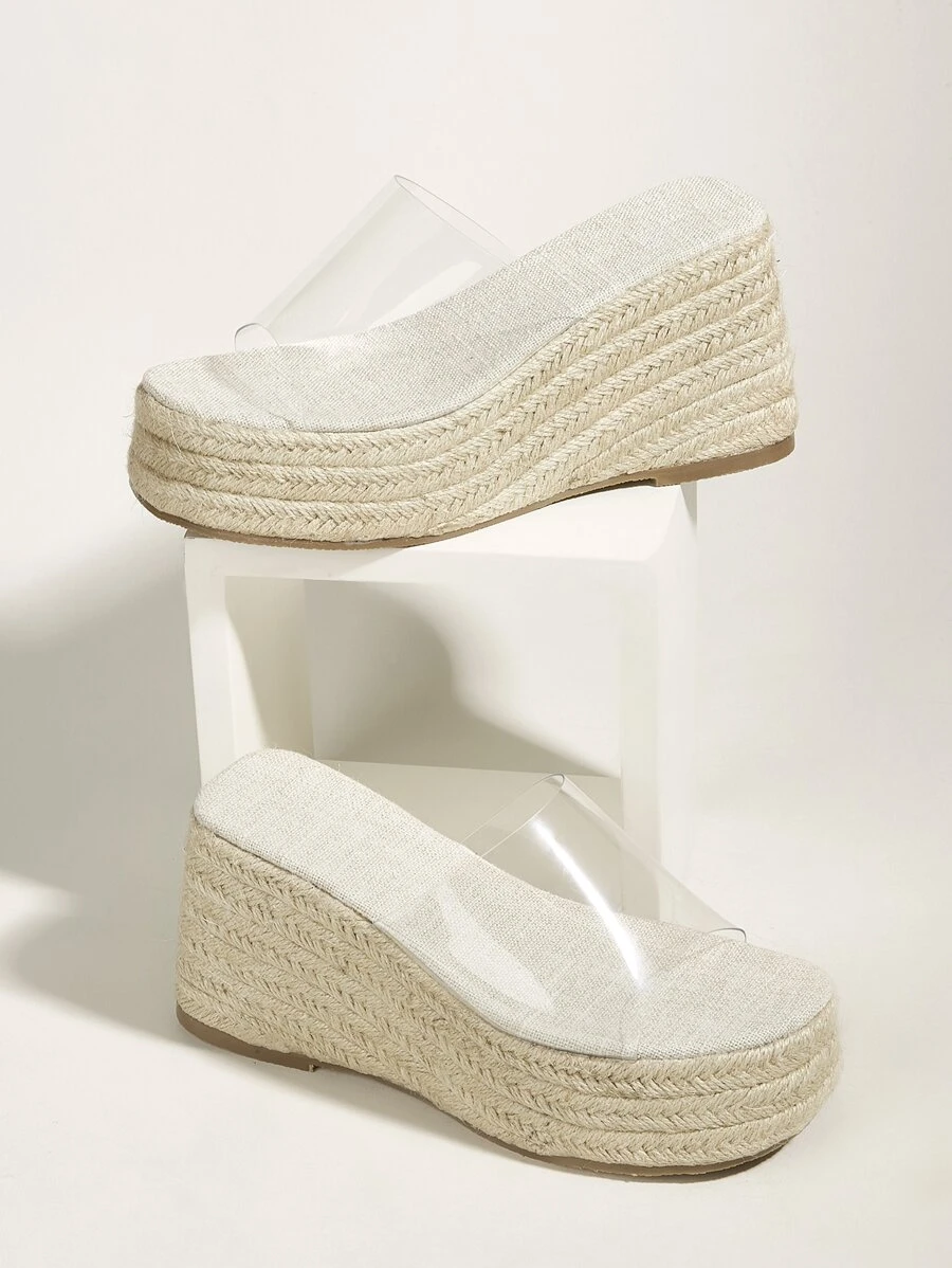 Vacation Sandals For Women, Clear Strap Espadrille Wedge Slide Sandals - Clear - View 1