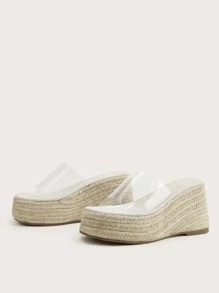 Vacation Sandals For Women, Clear Strap Espadrille Wedge Slide Sandals - Clear - View 3