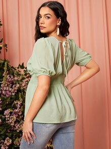 SHEIN Maternity Wrap Shirred Peplum Top - Mint Green - View 2