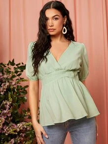 SHEIN Maternity Wrap Shirred Peplum Top - Mint Green - View 4