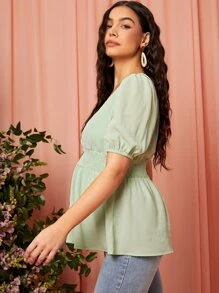 SHEIN Maternity Wrap Shirred Peplum Top - Mint Green - View 5
