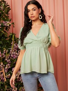 SHEIN Maternity Wrap Shirred Peplum Top - Mint Green - View 6