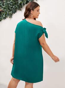 SHEIN LUNE 大碼不對稱領袖口打結連衣裙 - 水鴨藍 - 查看 2