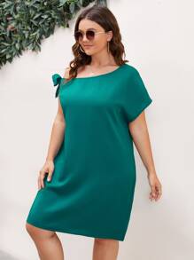 SHEIN LUNE 大碼不對稱領袖口打結連衣裙 - 水鴨藍 - 查看 4