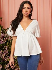 SHEIN 孕婦蝴蝶袖木耳邊花邊下擺上衣 - 白色 - 查看 1