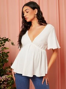 SHEIN 孕婦蝴蝶袖木耳邊花邊下擺上衣 - 白色 - 查看 6