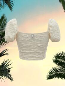 SHEIN MOD Tie Front Puff Sleeve Crop Top - Beige - View 2