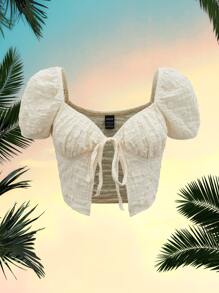 SHEIN MOD Tie Front Puff Sleeve Crop Top - Beige - View 1