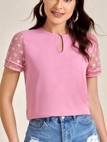 SHEIN Clasi 波卡圓點鎖眼領口網紗拼接上衣 - 粉色 - 查看 5