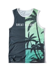 Manfinity 男士字母和椰子樹圖案拼接邊背心上衣 - 彩色 - 查看 1