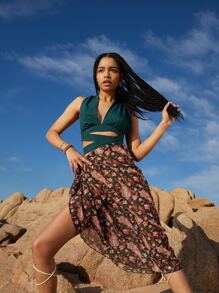 SHEIN Unity Áo hai dây Hội Chữ thập Buộc lại màu trơn Giải trí - Màu xanh lá cây đậm - Xem 1