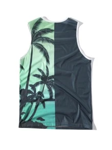 Manfinity 男士字母和椰子樹圖案拼接邊背心上衣 - 彩色 - 查看 2