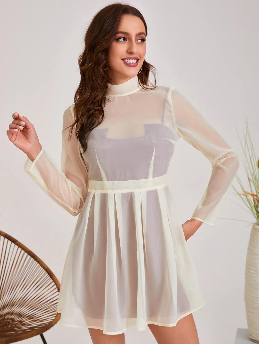 AneMarie 小高領薄透後綁帶荷葉邊連衣裙和緊身吊帶連衣裙 - 彩色 - 查看 1