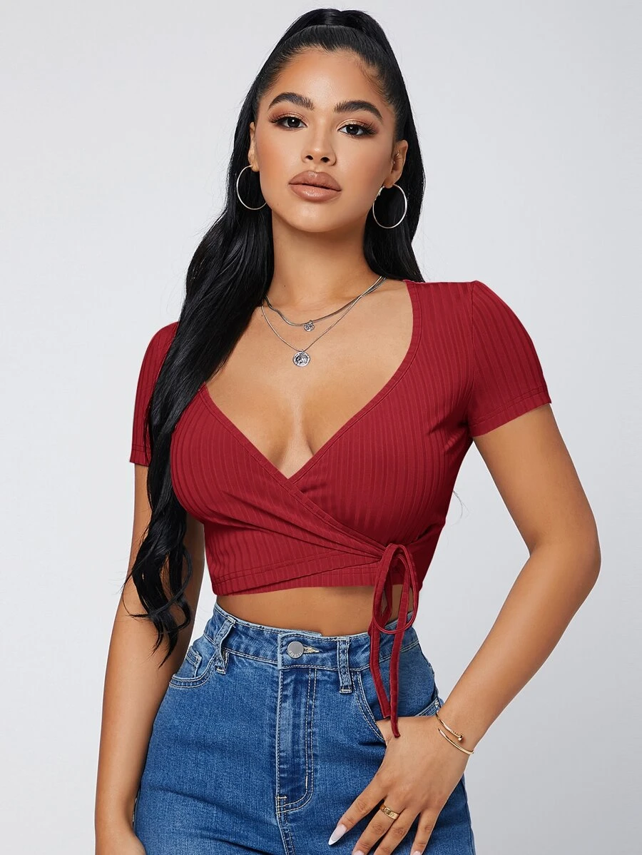 SHEIN SXY 拼接領結側上衣 - 酒紅色 - 查看 1