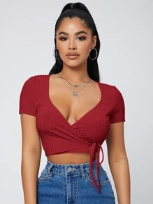 SHEIN SXY 拼接領結側上衣 - 酒紅色 - 查看 3