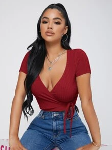 SHEIN SXY 拼接領結側上衣 - 酒紅色 - 查看 4