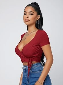 SHEIN SXY 拼接領結側上衣 - 酒紅色 - 查看 5