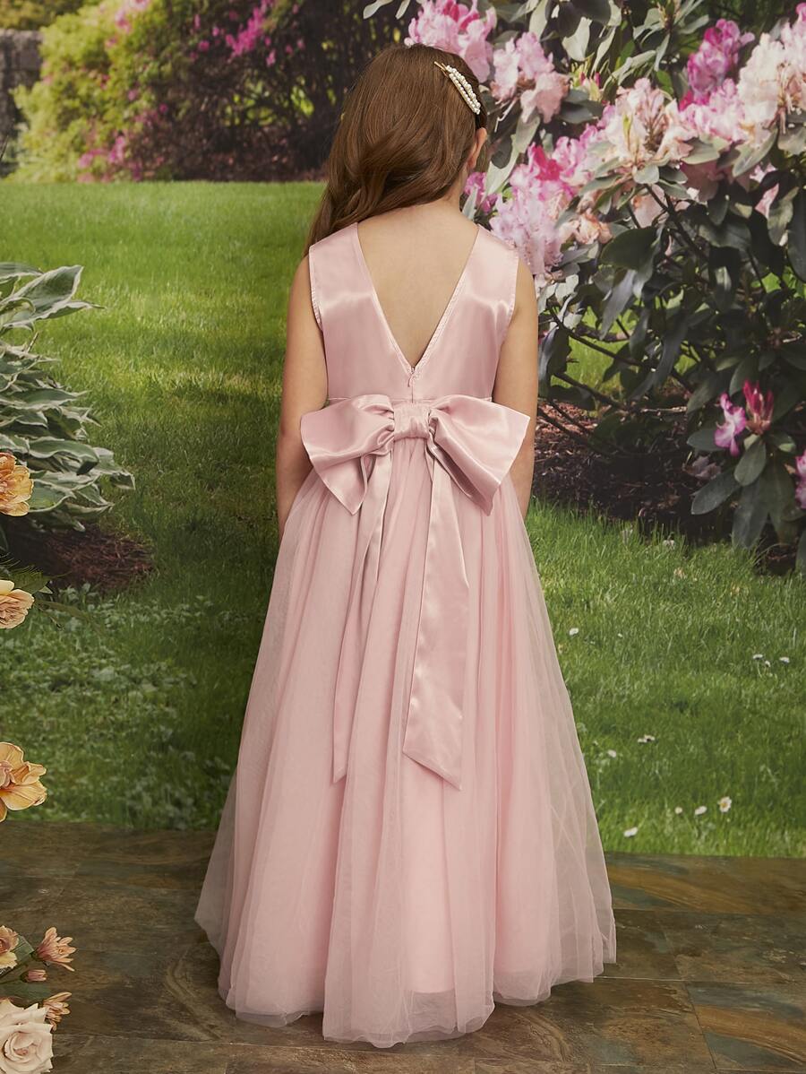 SHEIN Girls Solid Bow Back Gown Dress - Dusty Pink - View 1