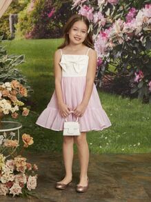 SHEIN Girls Colour Block Bow Front Ruffle Hem Cami Dress - Multicolor - View 6