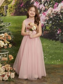 SHEIN Girls Solid Bow Back Gown Dress - Dusty Pink - View 2