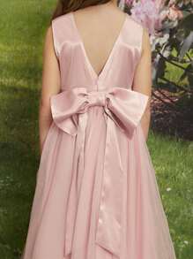 SHEIN Girls Solid Bow Back Gown Dress - Dusty Pink - View 4