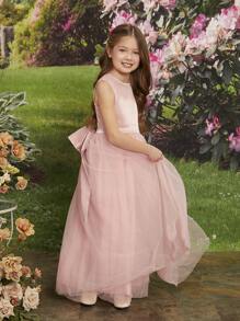 SHEIN Girls Solid Bow Back Gown Dress - Dusty Pink - View 5