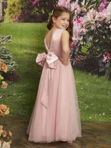 SHEIN Girls Solid Bow Back Gown Dress - Dusty Pink - View 3