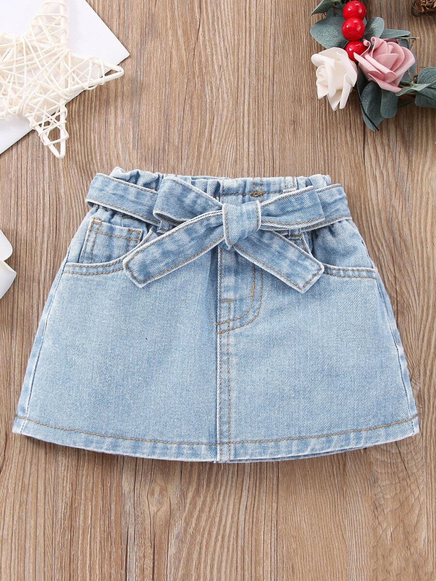 寶貝女孩傾斜口袋腰帶丹寧裙