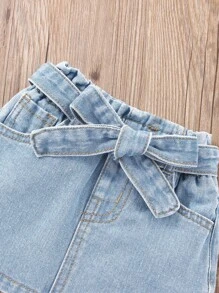 寶貝女孩傾斜口袋腰帶丹寧裙
