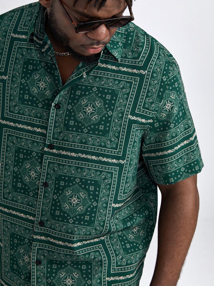 EASEVO Loose Men Plus Size Paisley & Scarf Print Shirt - Dark Green - View 3