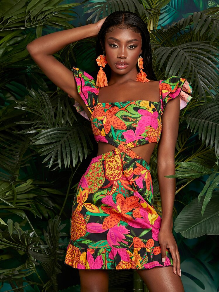 SHEINNeu Floral Butterfly Sleeve Cut Out Dress | SHEIN USA