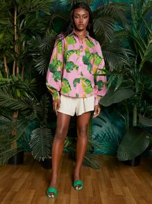 SHEINNeu Tropical Print Lantern Sleeve Shirt - Multicolor - View 3