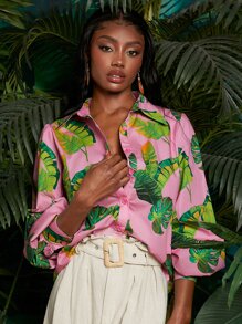 SHEINNeu Tropical Print Lantern Sleeve Shirt - Multicolor - View 4