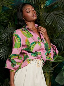 SHEINNeu Tropical Print Lantern Sleeve Shirt - Multicolor - View 5