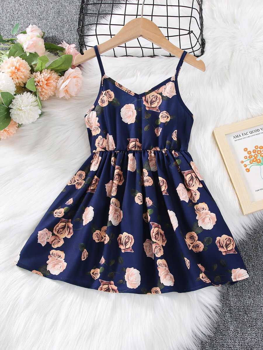 SHEIN 小女童印花吊帶洋裝 - 藏蓝色 - 查看 1