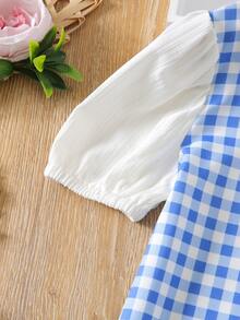 Đầm bé gái Tương phản ren Kẻ sọc Dễ thương - Xanh và trắng - Xem 5