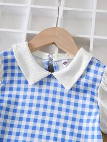 Đầm bé gái Tương phản ren Kẻ sọc Dễ thương - Xanh và trắng - Xem 3