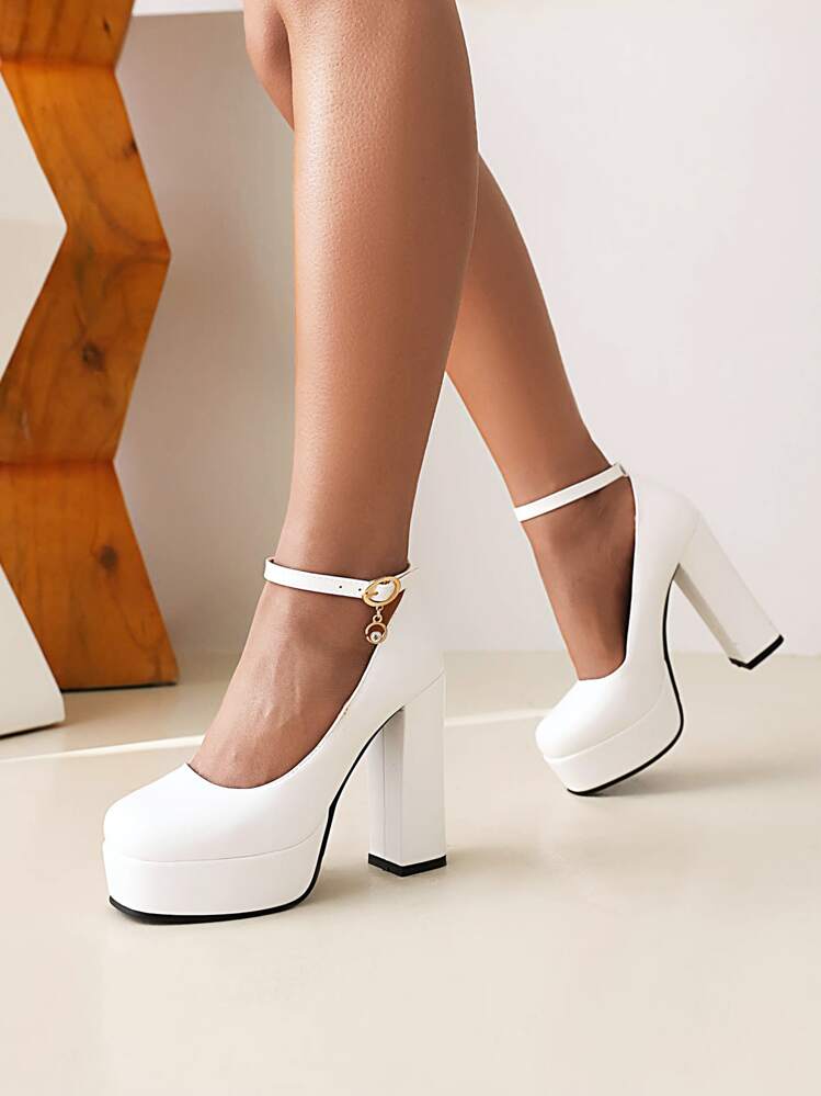 Tacones blancas de la correa del tobillo de la plataforma de las mujeres, Tacones de tacón grueso elegantes del dedo del pie redondo - Blanco - Añade 1