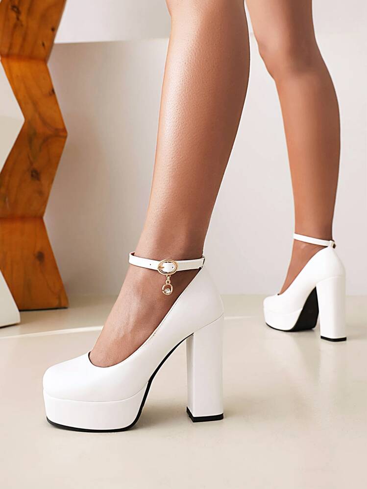 Tacones blancas de la correa del tobillo de la plataforma de las mujeres, Tacones de tacón grueso elegantes del dedo del pie redondo - Blanco - Añade 2