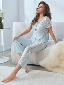 Contrast Lace Top & Trousers Pyjama Set - Baby Blue - View 3