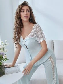 Contrast Lace Top & Trousers Pyjama Set - Baby Blue - View 5